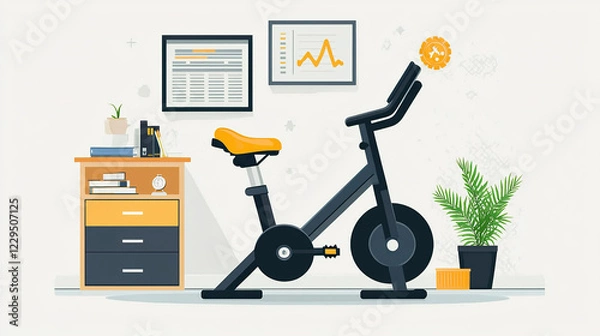 Fototapeta Businessman combining work and exercise using stationary bicycle in home office
