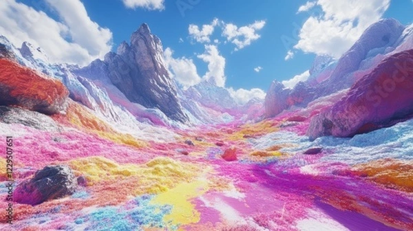 Fototapeta A mountain range with a pink and yellow valley in between. The valley is filled with colorful flowers