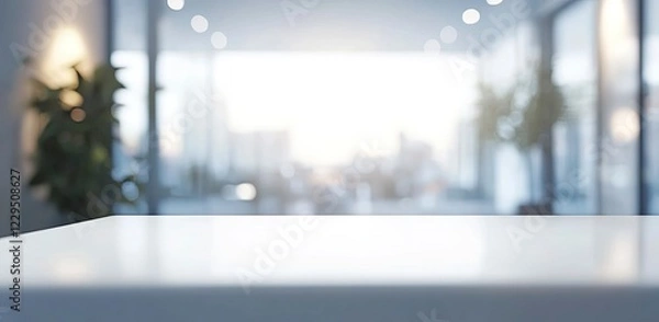 Fototapeta Blurred office interior background with a white desk and blurred work space in the back for product display montage, 