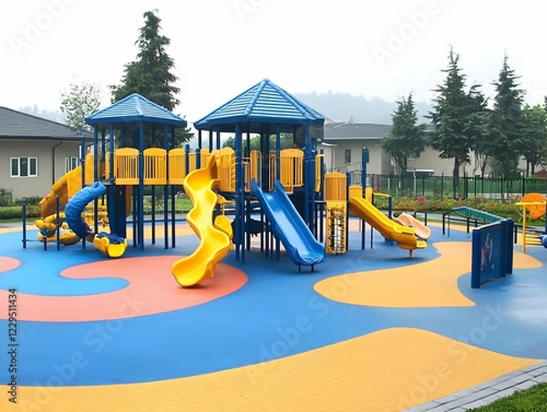 Fototapeta Colorful Playground Equipment Stands Ready for Fun on a Cloudy Day