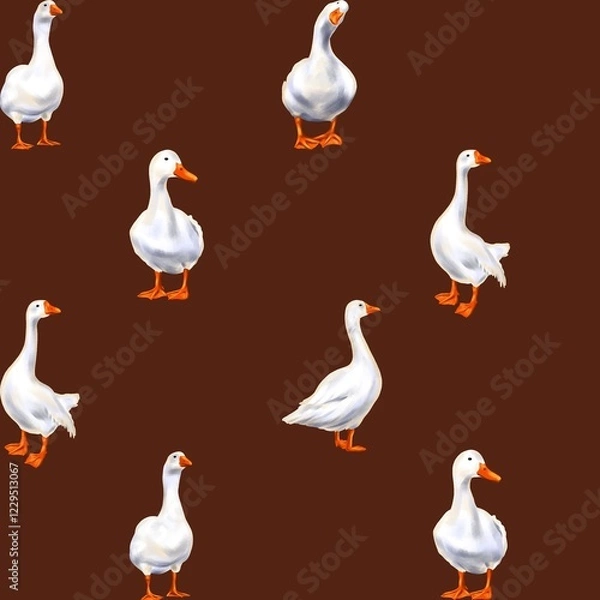 Fototapeta Seamless pattern of white ducks on a brown background