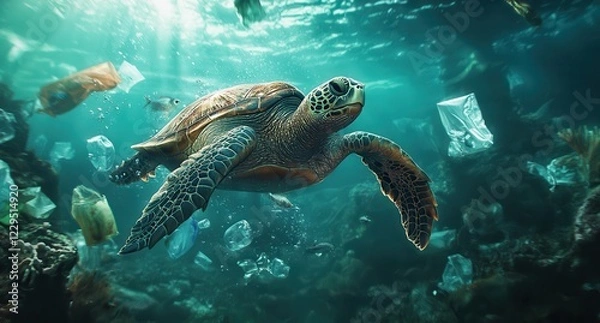 Fototapeta Majestic Sea Turtle Navigating Through Underwater Plastic Pollution in Ocean Environment