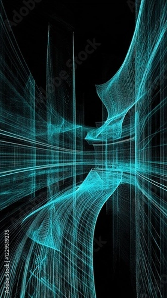Obraz Abstract cyan grid network, with curve and perspective.