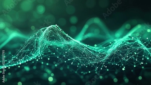Obraz Abstract green digital landscape with flowing particles.
