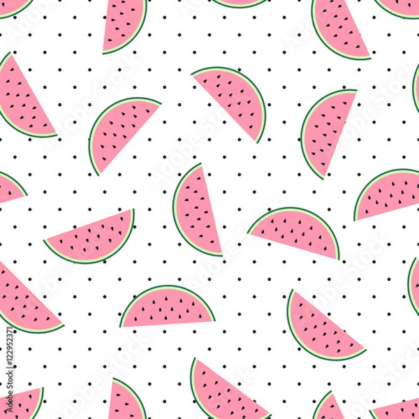 Fototapeta Watermelon slices seamless pattern on white polka dots background. Cute fruit pattern. Summer food vector illustration. Fashion design for textile, wallpaper, web, fabric and decor.