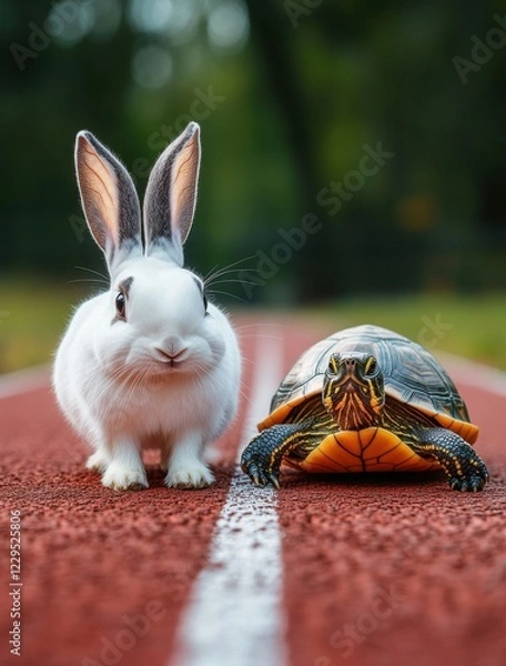 Fototapeta Playful rabbit and tortoise on a running track in a vibrant outdoor setting showcasing competition, friendship, and the spirit of perseverance among animals