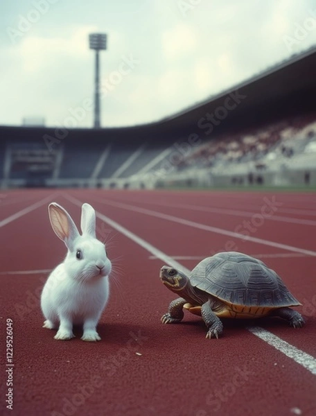 Fototapeta Playful Rabbit and Wise Tortoise on an Empty Athletic Track, Symbolizing Friendship and Competition in a Charming Sporting Scene