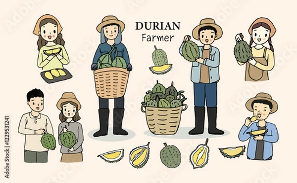 Fototapeta Durian farmer character set, hand drawn style vector illustration