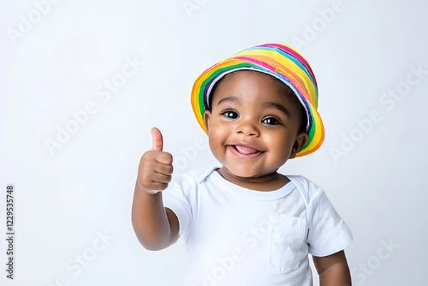 Obraz Portrait of cute smiling child gives a thumbs up isolated on white background