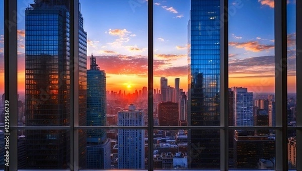 Obraz Stunning sunset reflected in skyscraper window over city