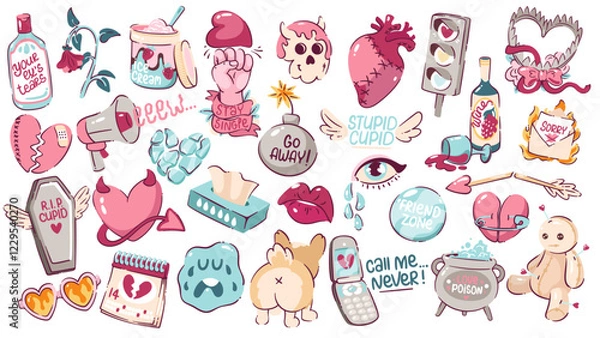 Fototapeta Anti Valentine's day elements set. Wine, envelope, bomb, arrow, calendar, red rose, dog, potion, hate letter, trap, cry tissues etc. Hand drawn non romantic symbols. Alternative Valentine day icons.