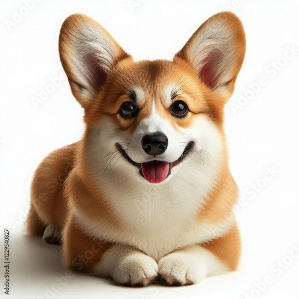 Fototapeta A cheerful corgi rests comfortably indoors, showcasing its soft fur and playful expression. The serene atmosphere highlights the dog's happiness and charm