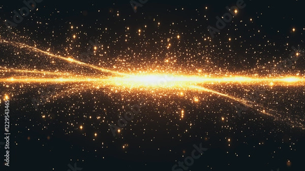 Fototapeta Cosmic Burst:  A celestial explosion of golden light streaks across the dark void, illuminating a universe filled with shimmering stardust. This mesmerizing image evokes a sense of awe and wonder.
