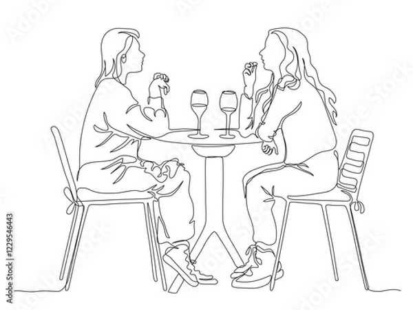 Fototapeta 2 women talking at street cafe table with 2 glasses of wine. Side view. Continuous line drawing. Black and white vector in line art style.