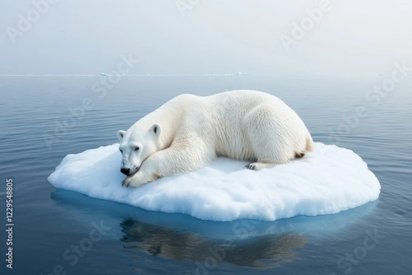 Fototapeta A serene polar bear rests on a small iceberg in a tranquil arctic scene, surrounded by calm waters and a hazy atmosphere.