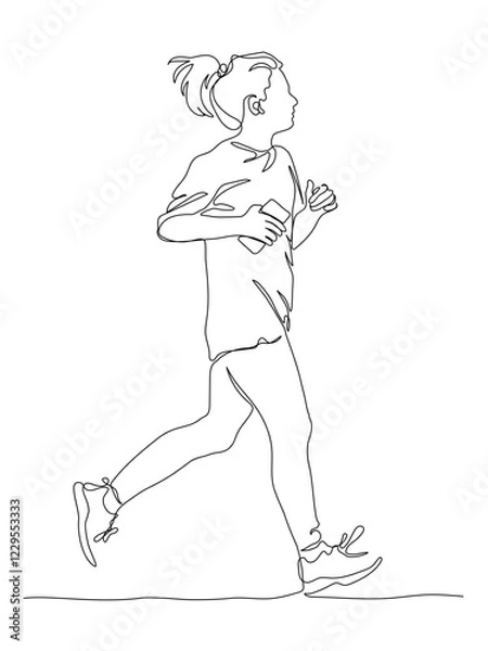 Fototapeta Young woman running or jogging. Holding mobile phone. Continuous line drawing. Black and white vector illustration in line art style.