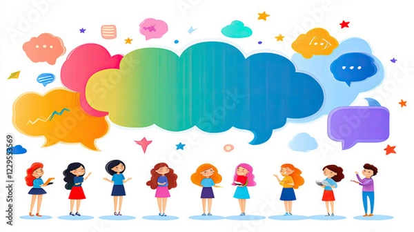 Fototapeta Colorful Illustration of Diverse Individuals Communicating Through Colorful Speech Bubbles in a Vibrant and Playful Setting