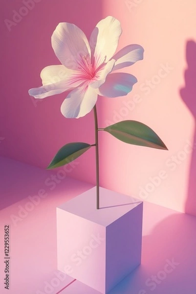 Fototapeta A single white flower on a cube pedestal, bathed in soft pink and purple light, creating a serene and minimalist atmosphere.