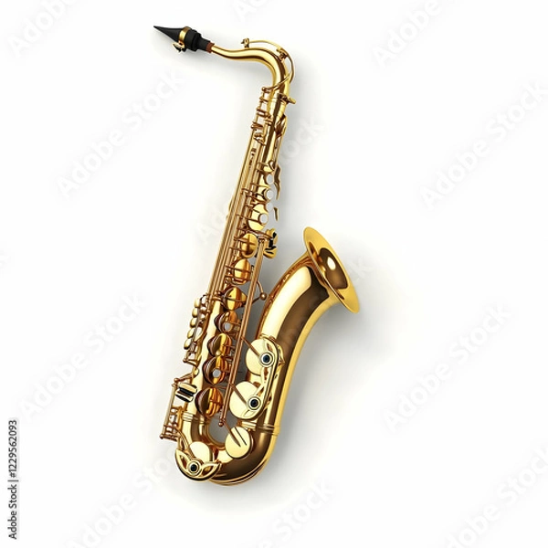 Fototapeta Shiny Gold Saxophone Rests on White Background, Ready to Play a Jazzy Tune