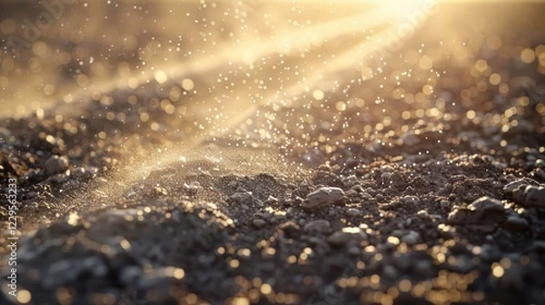 Fototapeta Sunlight filtering through dust particles over a textured ground at golden hour, evoking tranquility