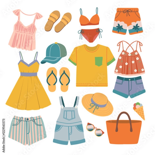 Obraz set of  summer fashionable clothing including shirts, skirts, pants, and jackets