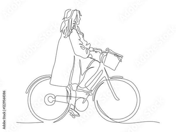 Fototapeta Woman riding bicycle with basket mouted at front. Side view. Continuous line drawing. Black and white vector illustration in line art style.