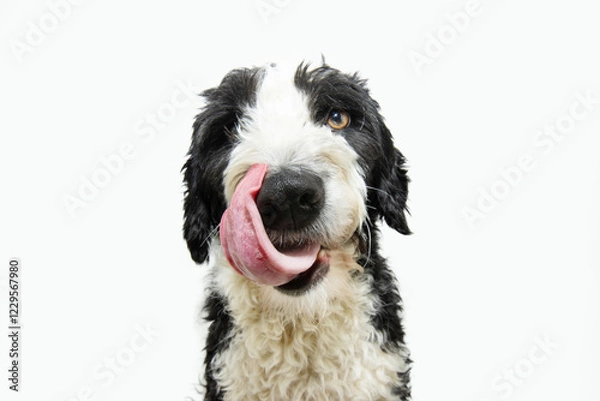 Obraz Portrait hungry spaniel water dog puppy licking its lips with tongue and looking at camera. Isolated on white background