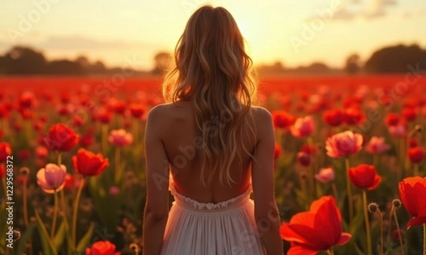 Fototapeta Woman stands back to a field of red flowers in a light summer dress. Concept of tranquility, serenity, and romance