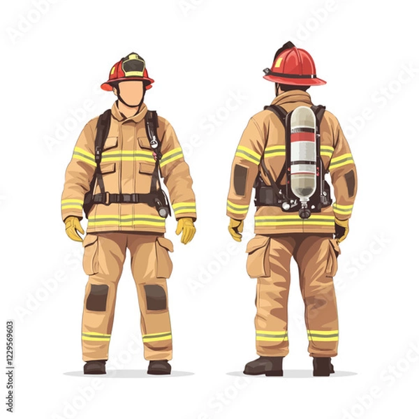 Fototapeta Vector illustration of a firefighter in full protective gear, including helmet, gloves, and oxygen tank, shown from front and back. Perfect for emergency, safety, and rescue-related designs.