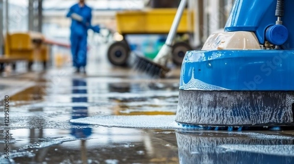 Fototapeta Industrial floor cleaning machine in action with water reflection. Ideal for commercial cleaning, facility maintenance, and janitorial services.