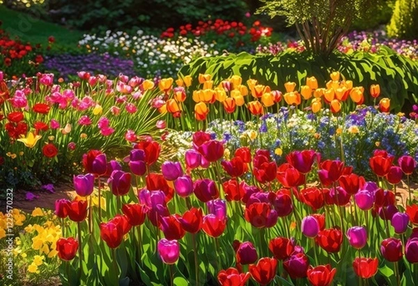 Fototapeta vibrant flower beds abloom colorful blossoms glimmering sunlight enthralling splendor, garden, petal, landscape, nature, beauty, spring, summer, flora