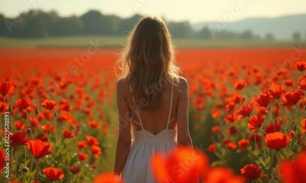 Fototapeta Woman stands back to a field of red flowers in a light summer dress. Concept of tranquility, serenity, and romance