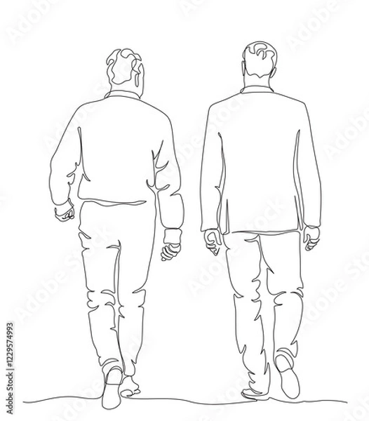 Fototapeta 2 businessmen talking and walking away. Back view. Continuous line drawing. Black and white vector illustration in line art style.