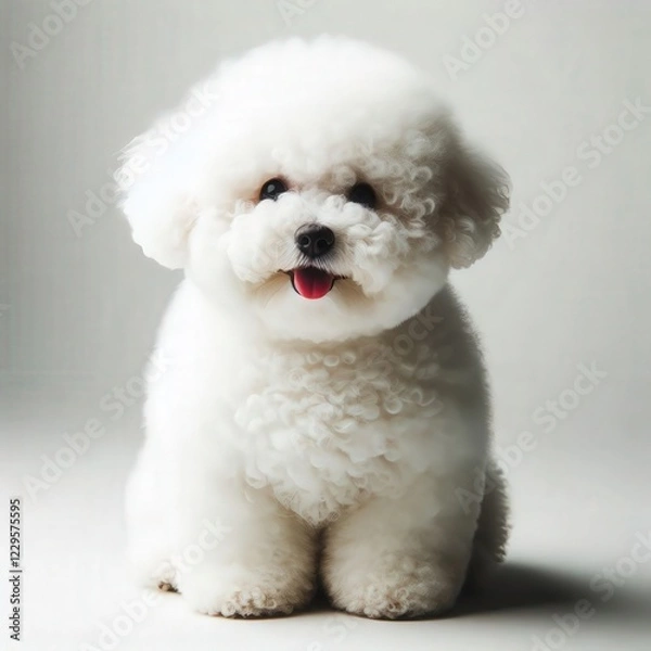 Fototapeta This delightful puppy sits gracefully, its fluffy white coat sparkling softly in the light. With a playful grin and bright eyes, it radiates happiness and charm, inviting attention and affection