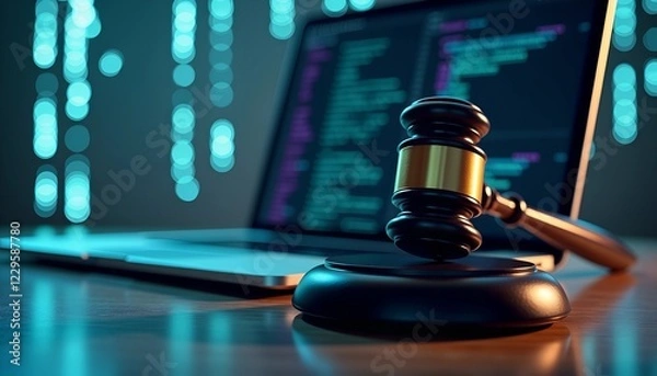 Fototapeta In a creative portrayal of legal technology, a judges gavel rests on a laptop. Surrounding it are dynamic digital data streams, symbolizing innovation in the justice system.