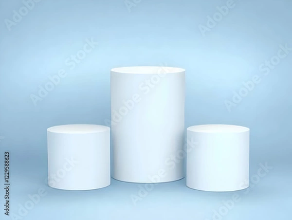 Obraz Three White Cylinder Podiums Stand on a Light Blue Background for Product Placement