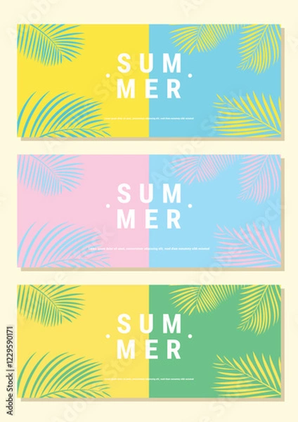 Obraz Creative summer sale banner in trendy bright colors with tropical leaves and discount text. Season promotion illustration.