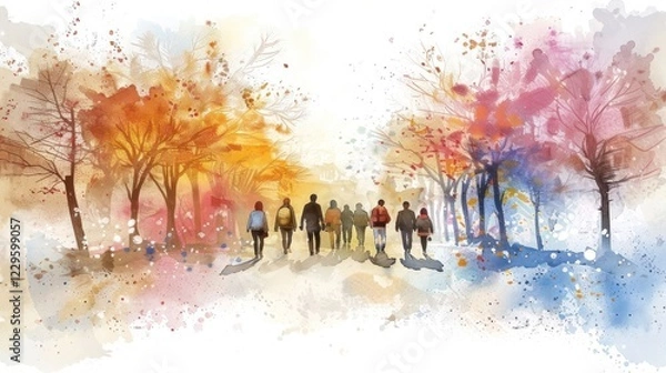 Fototapeta Group of people walking through a colorful autumn landscape with vibrant trees and soft light