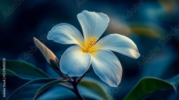 Fototapeta Close-Up of a Beautiful White Tropical Flower with Yellow Center in a Lush Garden Setting