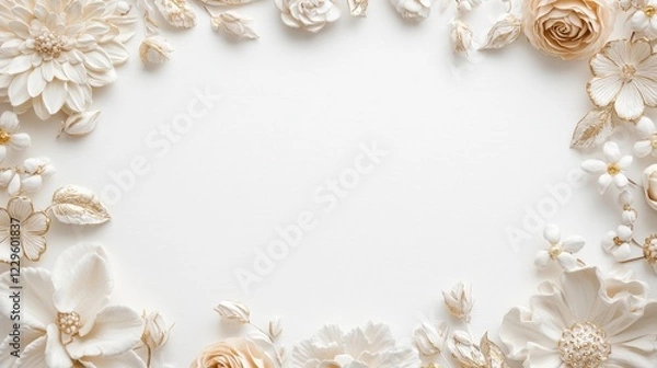 Fototapeta Intricate Handmade Floral Decorative Frame. Floral frame design with cream and beige flowers on a light background.