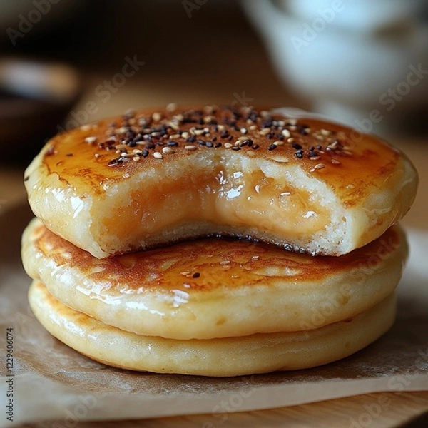 Fototapeta Golden pancakes drizzled with honey, sesame seeds.