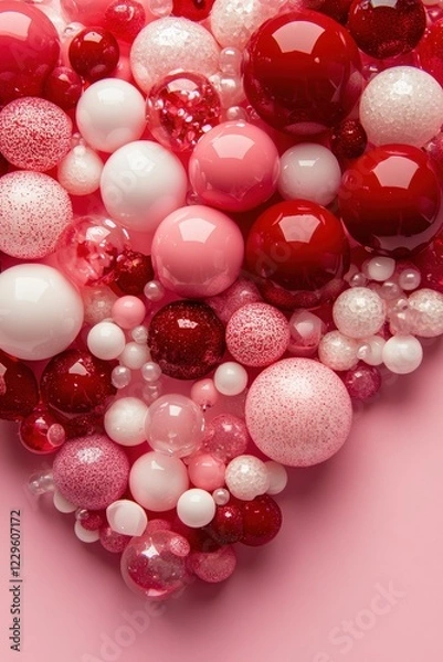 Fototapeta Colorful decorations, round balls and bubbles in shades of pink, red, and white on a soft pink background, perfect for festive occasions or creative projects.