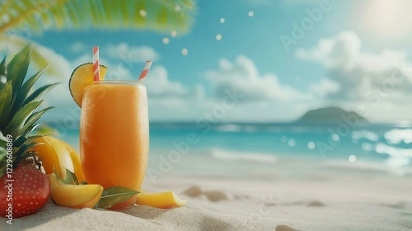 Fototapeta Refreshing tropical fruit cocktail on a sandy beach with palm trees, blue ocean waves, and bright sunlight in a summer paradise