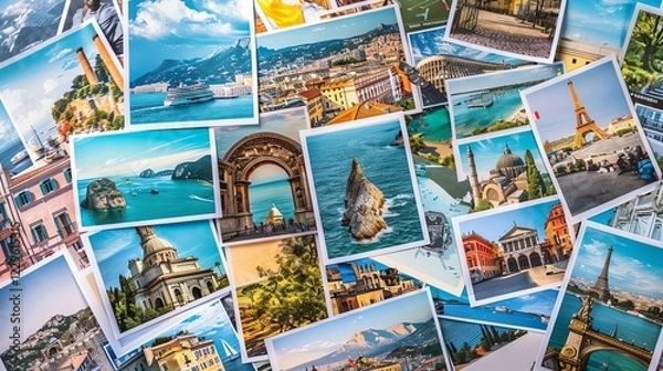 Fototapeta A collection of travel photographs stacked on top of each other.