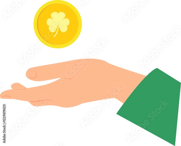 Fototapeta Gold coin with shamrock image above outstretched palm of hand wearing in green sleeve. Vector illustration with transparent background