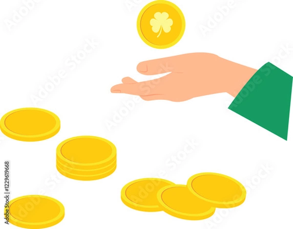 Fototapeta Hand wearing green sleeve holding gold coin with shamrock image on the backgound of scattered gold coins. Vector illustration with transparent background.