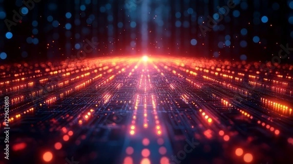 Obraz Vibrant digital landscape showcasing flowing data streams and glowing particles.