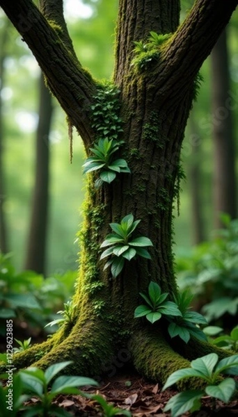 Fototapeta Tillandsia recurvata on a deciduous tree with forest floor, epiphyte, tree, growth