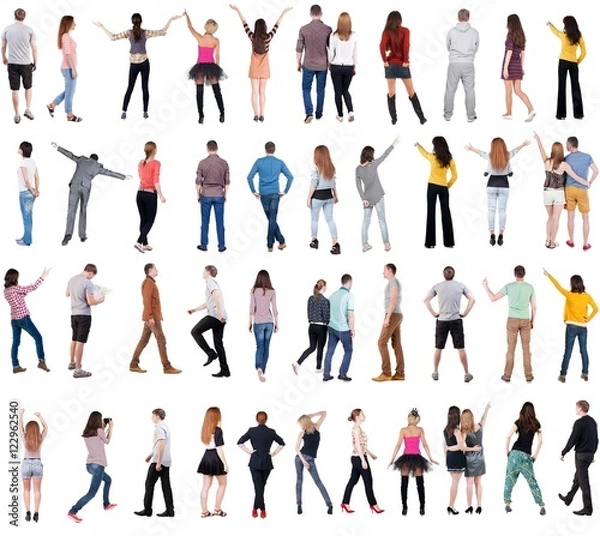 Fototapeta Collection " Back view people ".  Rear view people set.  backside view of person.  Isolated over white background .