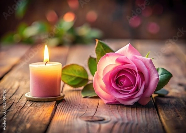 Obraz Tilt-shift miniature of a romantic table setting: a pink rose candle, soft focus, dreamy bokeh, fairy tale charm.